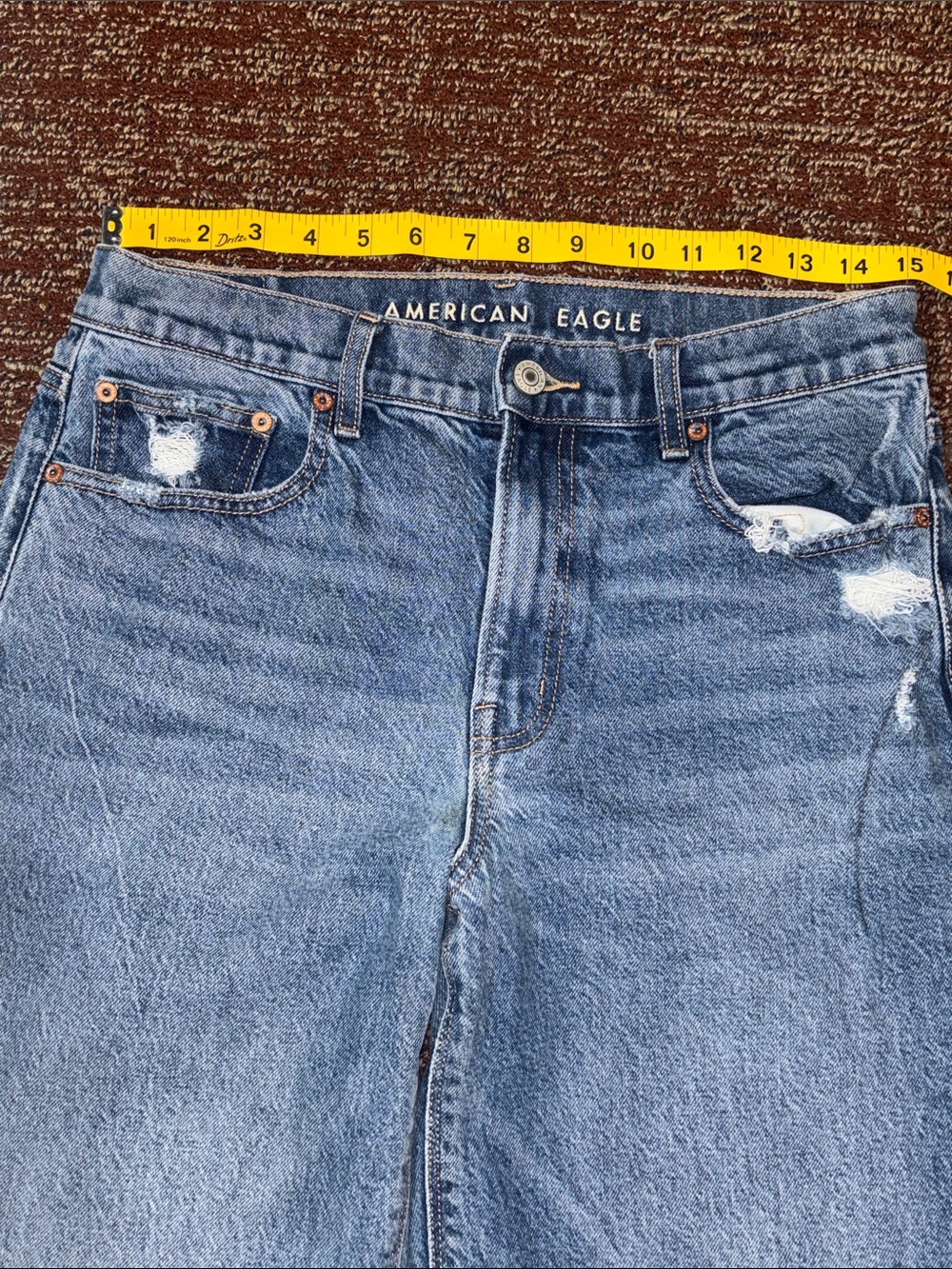American Eagle stovepipe jeans wide leg mid rise medium wash distressed size 6 - Picture 12 of 15
